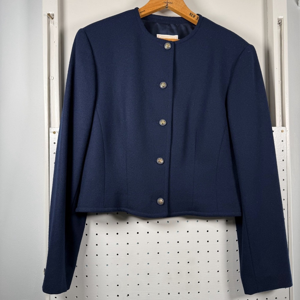 Pendleton Jacket Womens 12 Navy 100% Virgin Wool Button Front Crop Dark Academia